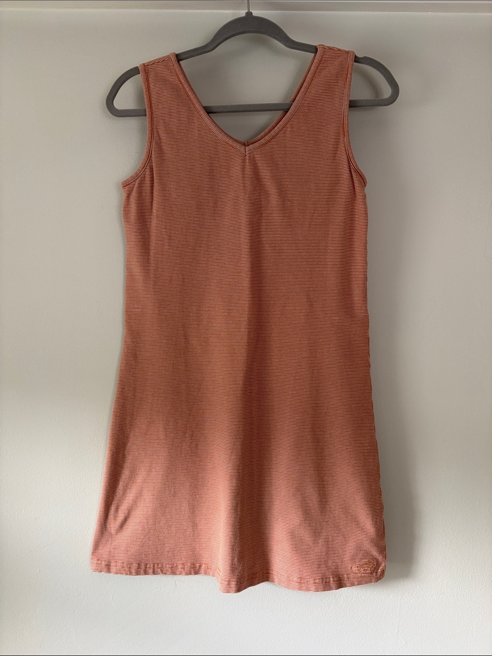 Horny Toad Sleeveless V-Neck Mini Dress in Terracotta and White Microstripe.